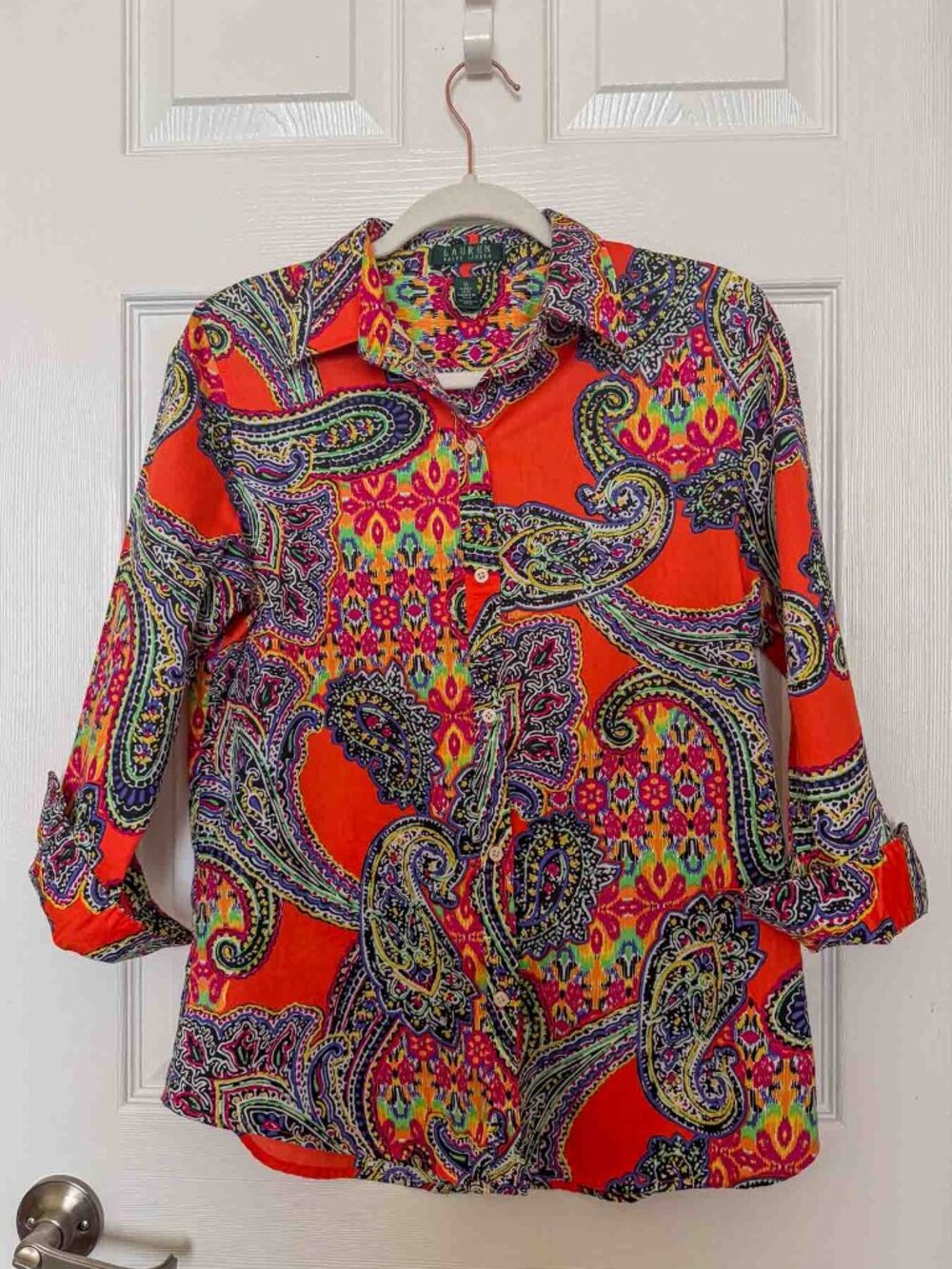 Lauren Ralph Lauren Paisley Shirt Women’s M Orange Multicolor Cotton Button Up - Picture 5 of 15